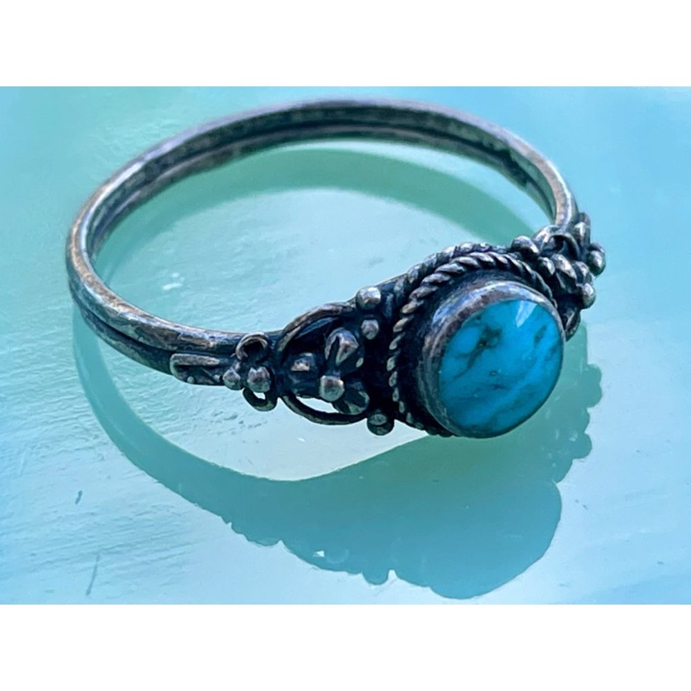 Vintage Southwest Blue Turquoise Ring With Flowers Sz 7 3/4 - Picture 4 of 10